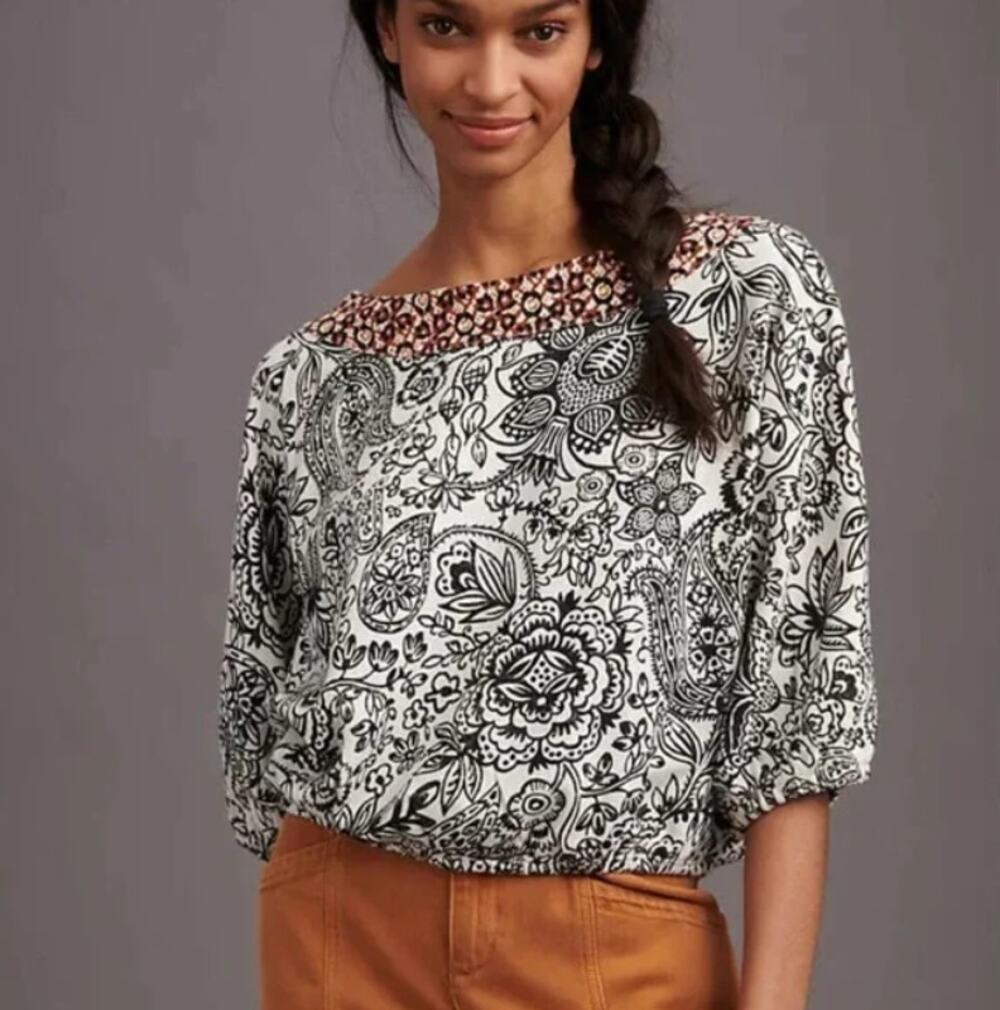 Anthropologie Black White Floral Boxy Blouse Cotton Bohemian Women's size Small
